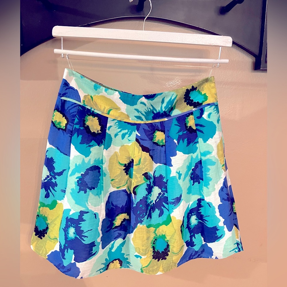 Ann Taylor Loft Sz 2 Floral Print Linen Blend Skirt Pleated Blue Tropical